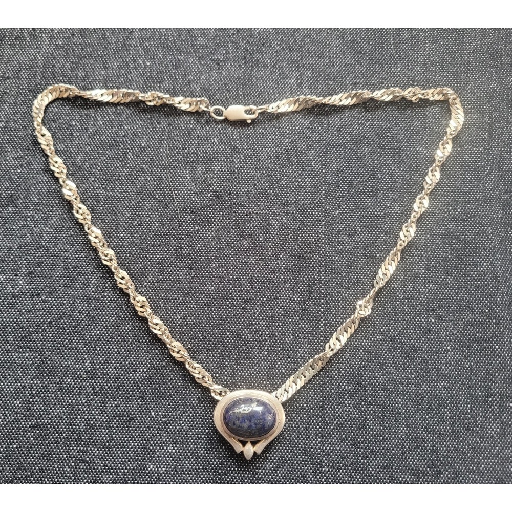 Vintage Sterling Silver Twist Miami Cuban Chain With Lapis Lazuli‎ Pendant Blue